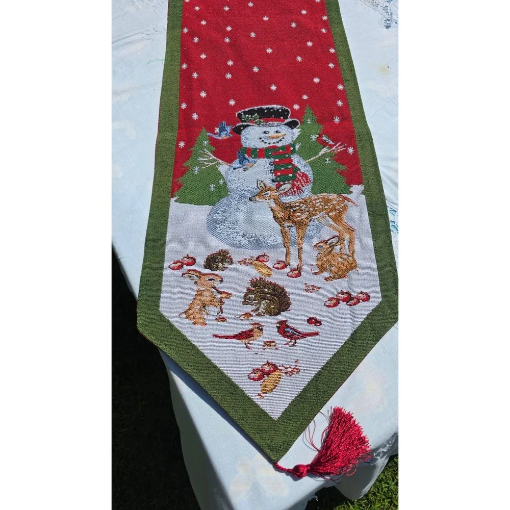 Christmas Table Runner Snowman Holiday Embroidered‎ Tassel Woodland Creatures